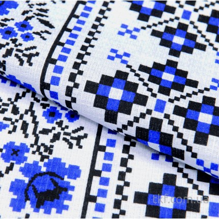 Ткань полотенечная набивная . Узбекистан (ш. 45 см, пл. 160 г/м) - Вышивка орнамент синий